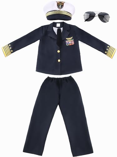 Puteraya Marineblaues Kinder-Kostüm-Set, Yachtkapitän, Matrosen-Kostüm, Outfits für Jungen, Halloween, Geburtstag, Party, Cosplay (Kapitän-Kostüm-Set 2, 3–5 Jahre (110–120 cm) von Puteraya