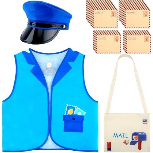 Puteraya Postboten-Kostüm-Set für Kinder, Weste, Hut und Versandtasche mit 20 Umschlägen, Posttragetasche, für Kinder, Halloween, Party, Cosplay Puteraya Postboten-Kostüm-Set für Kinder, Weste, Hut und Versandtasche mit 20 Umschlägen, Posttragetasche, für Kinder, Halloween, Party, Cosplay von Puteraya