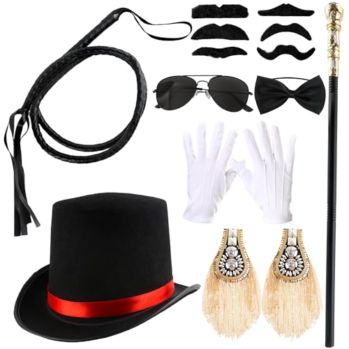 Ringmeister-Kostüm-Zubehör für Erwachsene, 8 Stück, Ringmeister, Verkleidungszubehör, Zirkus-Meisterhut, Gehstock für Damen und Herren, Halloween, Cosplay, Aufführung Ringmeister-Kostüm-Zubehör für Erwachsene, 8 Stück, Ringmeister, Verkleidungszubehör, Zirkus-Meisterhut, Gehstock für Damen und Herren, Halloween, Cosplay, Aufführung von Puteraya