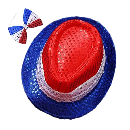 Puwaiio 4. Juli patriotisches Kostüm, 4. Juli Hut und Fliege - 4. Juli Kostüm rot weiß blau Paillettenhut - Funkeln von Puwaiio
