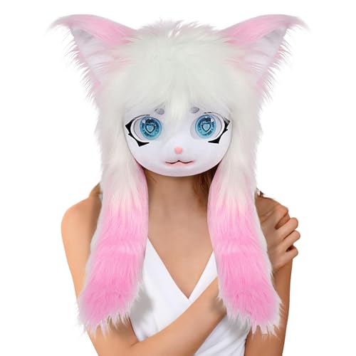 Puwaiio Pelziger Kopf | Tier-Katzenkopf-Maske mit großen Augen, langes Haar, realistisches Plüsch-Kostüm-Accessoire, Kopfbedeckung für Männer und Frauen, Anime-Konvention, Maskerade, Theateraufführung von Puwaiio