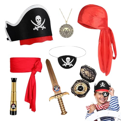 Puwaiio Piratenzubehör Kinder - Piraten Kostüm für Kinder | Piratenhut mit Totenkopf Design Gesichtsmaske Kopfband Verkleidung Set für Mädchen Halloween Karneval Party Cosplay von Puwaiio