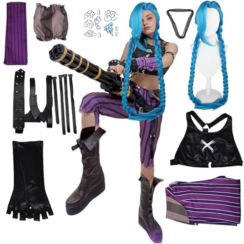 Puykzkuer Anime-Kostüm für Damen, Halloween, Weste, Ärmel, Hose mit blauer Perücke von Puykzkuer