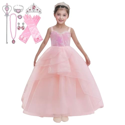 Puykzkuer Glinda-Kostüm für Mädchen, Damen, Hexe, Cosplay, Glinda-Kleid mit rosa Netz-Pailletten, Zubehör, Kleid (Glinda-Kleid-Zubehör, Mädchen-S(6-8T)) von Puykzkuer