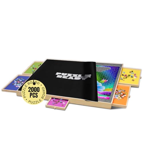 Puzzle Ready Großes Puzzlebrett 2000 Teile - 41" x 32" Puzzlebrett mit 5 bunten Schubladen & Puzzlematte zum abdecken - Brettspiel Puzzletisch mit Filzarbeitsfläche & Tragegriff - Erwachsene & Kinder von Puzzle Ready