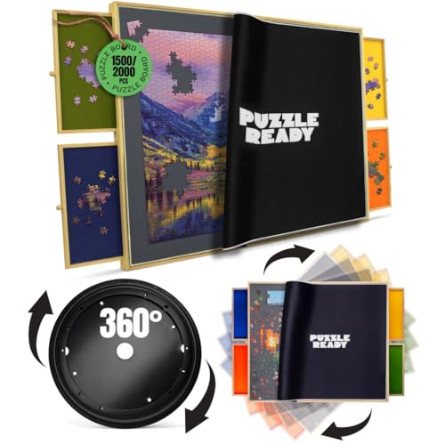 Puzzle Ready Puzzletisch mit Abdeckung 1500 Teile - Aus Holz, Mehrfarbig, 92 x 69 cm - Puzzlebrett mit Schubladen & Puzzlematte - Tragbar als Puzzle-Aufbewahrung & Puzzlezubehör von Puzzle Ready