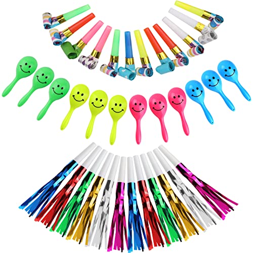 36 STÜCKE, 3 Arten Party Krachmacher Set, lustige Papier Blowouts, Metall Blowouts mit Glitzerfransen, Mini Neon-Musik Handshaker, Kindergeburtstags Party Zubehör von Pwsap