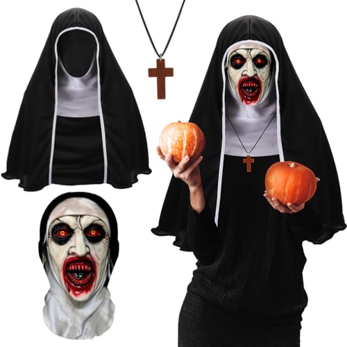 3Pcs Halloween Maske Totenkopf Maske Gruselige Vollkopf Nonne Maske Atmungsaktives Mesh Masken Geist Maske für Erwachsene Halloween Deko mit Kreuzhalskette Umhang für Cosplay Halloween Kostüm Party 3Pcs Halloween Maske Totenkopf Maske Gruselige Vollkopf Nonne Maske Atmungsaktives Mesh Masken Geist Maske für Erwachsene Halloween Deko mit Kreuzhalskette Umhang für Cosplay Halloween Kostüm Party von Pwsap