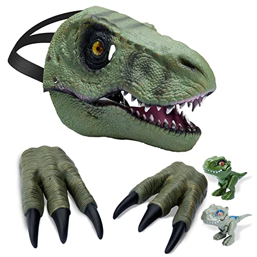Pwtuuki Dino Maske mit Beweglichem Kiefer, 2 Dinosaurier Claws und 2 kleine Dino Figur Latex Masken für Dino Party Halloween Dino Kostüm, Geschenk für Kinder und Erwachsene von Pwtuuki