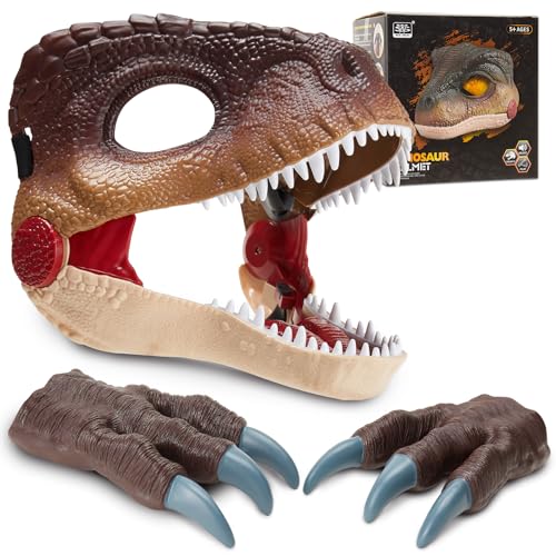 Pwtuuki Dino Maske Hartplastik mit Sound Beweglicher Mund, Dinosaurier Maske Set with 2 Claws für Kinder Erwachsene Dino Spielzeug Party Halloween Kostüm Geschenk für Junge Mädchen ab 6 Jahre von Pwtuuki