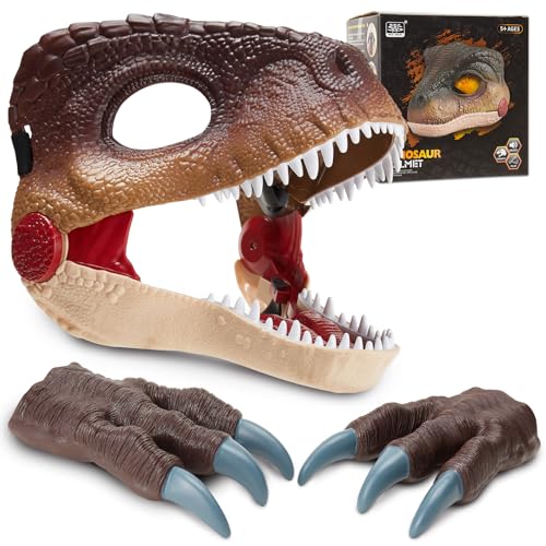 Pwtuuki Hartplastik Dino Maske mit Sound Beweglichen Kiefer, Dinosaurier Masken & 2 Claws für Kinder Erwachsene Dino Kostüm Halloween Geschenk für Junge Mädchen ab 6 Jahre von Pwtuuki