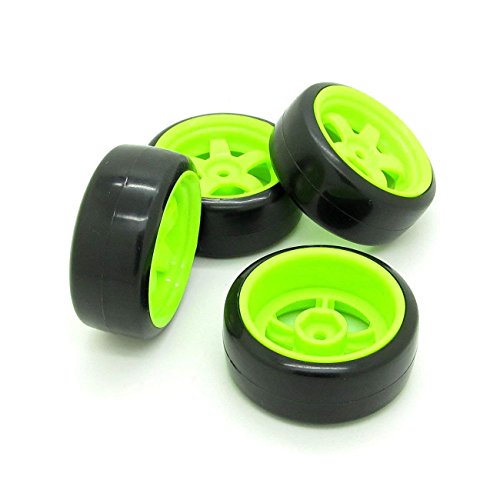 Pxyelec 12 mm Reifen, grüne Felgen und Glatte Gummireifen für RC 1/10 Onroad Drifting Auto, 4 Stück von Pxyelec