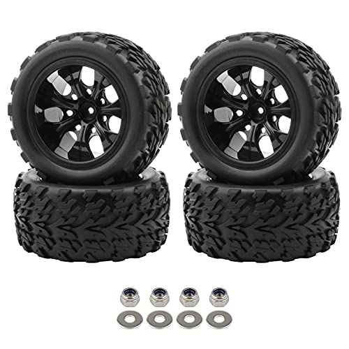 Pxyelec Gummireifen für Monster Truck 1:10 RC Auto Rad Typ Reifen mit 7 Speichen Felge Schwarz RC Teile von Pxyelec