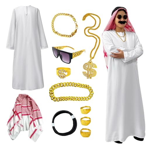 Pzuryhg Arabische Kostüme Robe Herren Weiß Thobe Kit Traditionelle Nahe Osten Kleidung Feine Textur Stoff Komplettes Cosplay Outfit für Halloween Karneval Mottopartys Kulturveranstaltungen von Pzuryhg