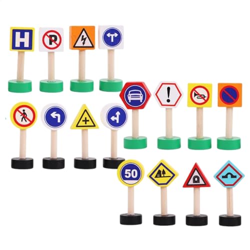 Pzuryhg Traffic Road Signs for Kids, 16X Street Signal Signs Play Toy, Wood Material, Early Learning Game, Crosswalk Signal Blocks, Wooden Stop Safety Game for Education, 23x18x3cm von Pzuryhg