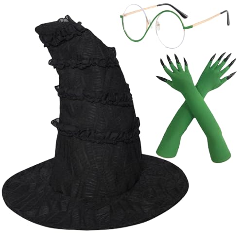 QAQ-COSPLAY Elphaba Hut - Hexen Kostüm Hut Damen - Perfekt für Halloween Cosplay, Dress Up und Themenveranstaltungen, Grünes Hexen-Set, Einheitsgröße von QAQ-COSPLAY