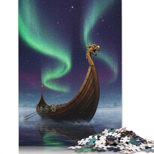 1000 Teile „Wikingerschiff unter Aurora Borealis“ für Erwachsene. Schwieriges Puzzle für Erwachsene. Familienspaß. Puzzles 1000 Teile (75 x 50 cm) von QASEYIPV