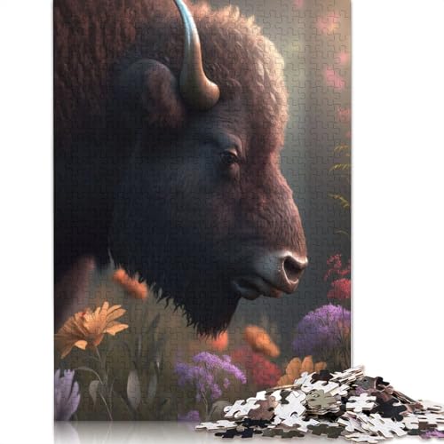 1000 Teile Bison mit Blumenfeld-Puzzles, Schwierigkeitsgrad Puzzle, Lernspiele, Spielzeug, 1000 Teile (75 x 50 cm) von QASEYIPV