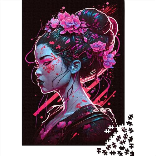 1000 Teile Geisha Neon Cherry Blossom Puzzle für Erwachsene und Jugendliche, Holzpuzzle, Lernspiel, Herausforderung, Spielzeug, Geburtstagsgeschenke, 1000 Teile (75x50cm) von QASEYIPV