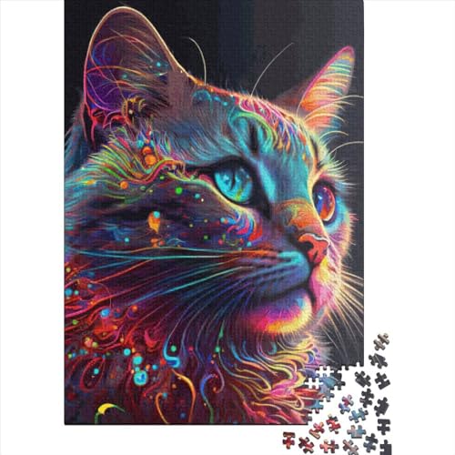 1000 Teile Kreative Quadrate Puzzle Neon-Katze für Erwachsene und Holzpuzzle, herausforderndes Spiel, 1000 Teile (75x50cm) von QASEYIPV