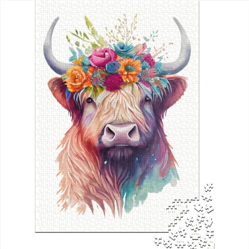 1000 Teile Puzzle für Erwachsene, Highland-Kuh, Holzpuzzle für Kinder, Familienunterhaltung, 1000 Teile (38 x 26 cm) von QASEYIPV