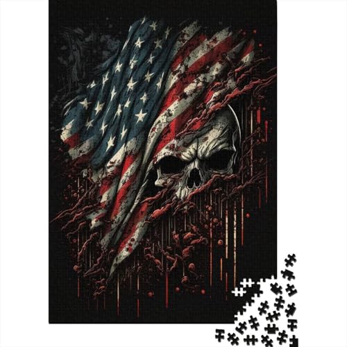 1000 Teile Schädel und Amerikanische Flagge Erwachsene Puzzle für Erwachsene, Halloween-Geschenk ab 14 Jahren, 1000 Teile (75x50cm) von QASEYIPV