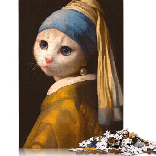 1000 Teile Süße Katze mit Perlenohrring Puzzles Puzzle für Erwachsene Schwierigkeitspuzzles Puzzle Lernspiele Spielzeug Familiendekoration 1000 Stück (75x50cm) von QASEYIPV