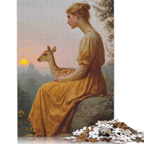 1000-teiliges Puzzle „Frau und Rehkitz bei Sonnenuntergang“ für Erwachsene und Teenager, Lernspiele für Zuhause, DIY-Spielzeug, 1000 Teile (75 x 50 cm) von QASEYIPV