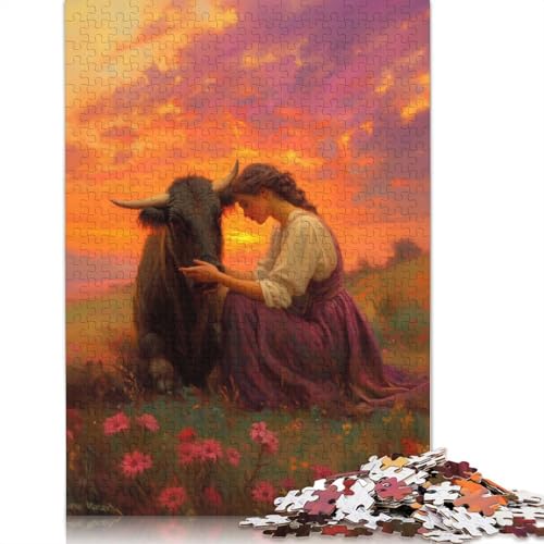 1000-teiliges Puzzle „Frau und Stier bei Sonnenuntergang“ für Erwachsene, Puzzles, Lernspielzeug, 1000 Teile (75 x 50 cm) von QASEYIPV