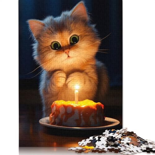 1000-teiliges Puzzle mit Kätzchen-Geburtstagstorte, Schwierigkeitsgrad für Erwachsene, Lernspielzeug, Spiele, Familiendekoration, 1000 Stück (75 x 50 cm) von QASEYIPV