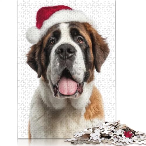 Bernhardinerhund mit Weihnachtsmütze, Puzzle, Lernspiele, Familienaktivitäten, Premium-Karton-Puzzle, 1000 Teile (75 x 50 cm) von QASEYIPV
