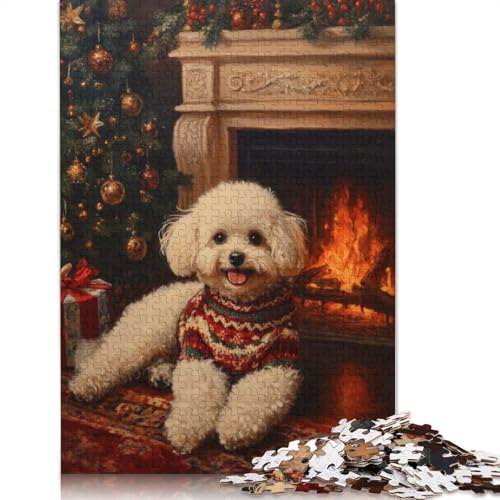 Bichon Frisé im Pullover, Weihnachtshund am Kamin, Mal-Puzzle, Denksportaufgabe, 100% recycelter Karton, Puzzle für Frauen und Männer, Geschenke, 1000 Teile (75 x 50 cm) von QASEYIPV