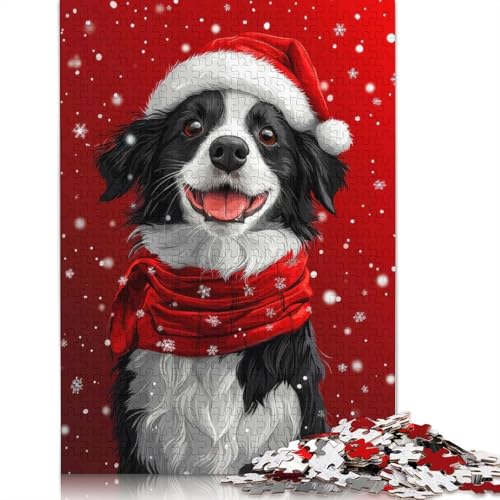 Border Collie mit Weihnachtsmütze, lächelnder Weihnachtshund, Druckpuzzle, kreative Spiele, Kartonpuzzle für Erwachsene, 1000 Teile (75 x 50 cm) von QASEYIPV