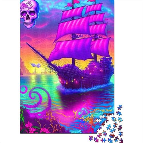 Bunte Puzzles 1000 Teile Piratenschiff Erwachsene Halloween Geschenk Holzpuzzle Erwachsene 1000 Teile (75x50cm) von QASEYIPV