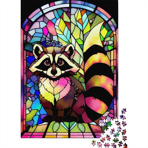 Buntglas-Puzzle, Waschbär, 1000 Teile, für Erwachsene und Jugendliche ab 12 Jahren, Weihnachtsgeschenke, 1000 Teile (75 x 50 cm) von QASEYIPV