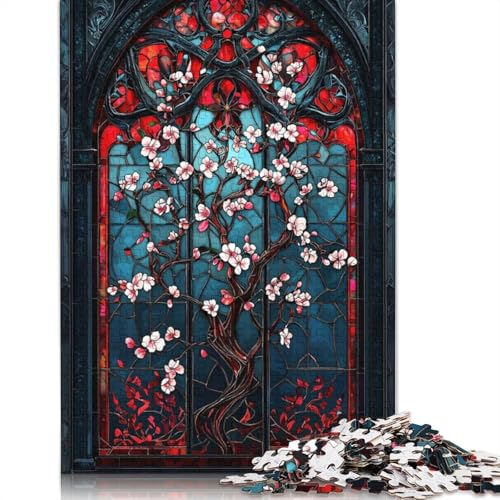 Buntglas-Puzzle mit Kirschblütenmotiv, Premium-Puzzle aus 100% recycelter Pappe, 100% recycelter Karton, Puzzle für Erwachsene, 1000 Teile (75 x 50 cm) von QASEYIPV
