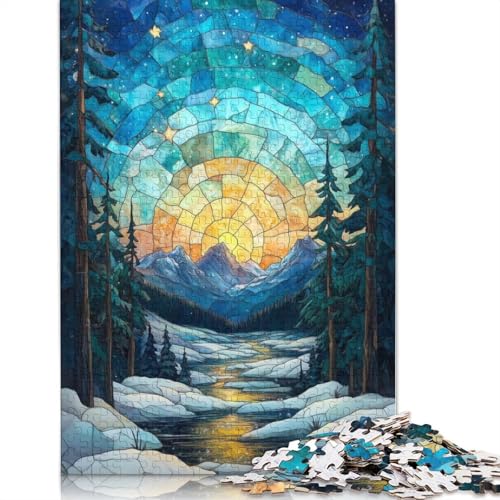 Buntglas-Puzzle mit Sonnenuntergang in den Bergen, lustiges Premium-Puzzle aus Karton für Erwachsene und Teenager, 1000 Teile (75 x 50 cm) von QASEYIPV