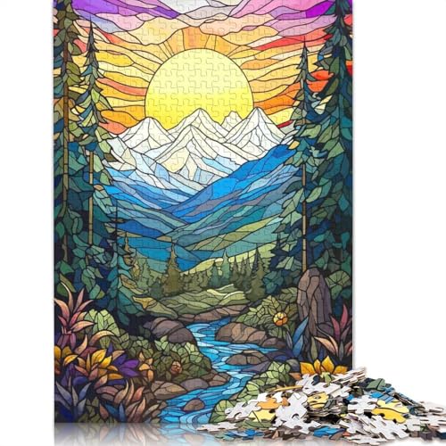Buntglas-Puzzle mit Sonnenuntergang in den Bergen, rechteckig, aus Pappe, Papier, rechteckig, Puzzle für Erwachsene und Kinder, 1000 Teile (75 x 50 cm) von QASEYIPV