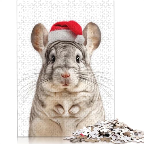 Chinchilla mit Weihnachtsmannmütze, Puzzle, 100% recyceltes Kartonpapier, rechteckiges Puzzle für Erwachsene und Kinder, 1000 Teile (75 x 50 cm) von QASEYIPV