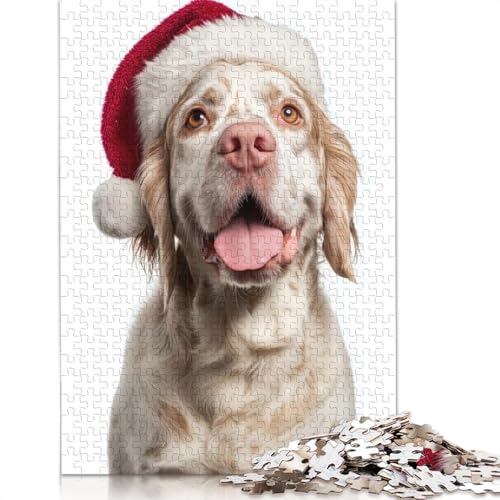 Clumber Spaniel Hund mit Weihnachtsmannmütze, Portrait-Puzzle, Familienspaß, rechteckiges Papierpuzzle für Erwachsene, Geburtstagsgeschenk, 1000 Teile (75 x 50 cm) von QASEYIPV