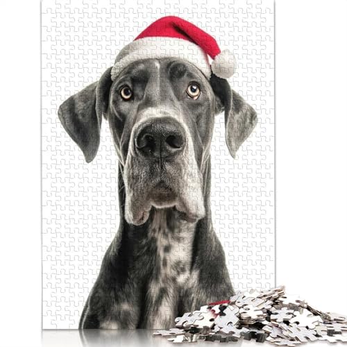 Deutsche Dogge mit Weihnachtsmannmütze, Puzzle, schwierige Herausforderung, 100% recycelter Karton, Puzzle für Erwachsene, 1000 Teile (75 x 50 cm) von QASEYIPV