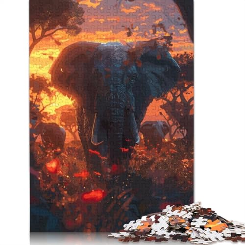 Elefanten-Savanne-Sonnenuntergang, 1000-teiliges Puzzle für Kinder ab 18 Jahren – Familienaktivität, Puzzle, Lernspiele, schwierig und herausfordernd (75 x 50 cm) von QASEYIPV