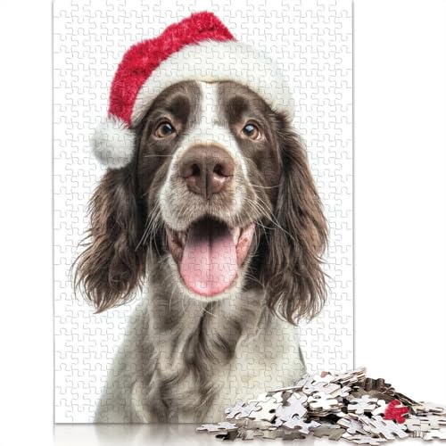 Englischer Springer Spaniel-Hund mit Weihnachtsmannmütze, Porträt-Puzzle, Familienspaß, 100% recycelter Karton, Puzzle für Erwachsene, 1000 Teile (75 x 50 cm) von QASEYIPV