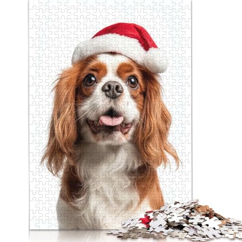 Englischer Toy Spaniel mit Weihnachtsmannmütze, Puzzle, rechteckig, Pappe, 100% recycelter Karton, Puzzle für Erwachsene, Geschenke, 1000 Teile (75 x 50 cm) von QASEYIPV