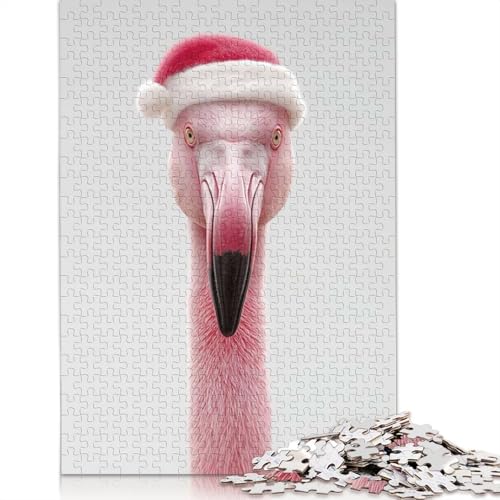 Flamingo mit Weihnachtsmannmütze, schwieriges Puzzle, 100% recycelter Karton, für Damen und Herren, Geschenke, 1000 Teile (75 x 50 cm) von QASEYIPV
