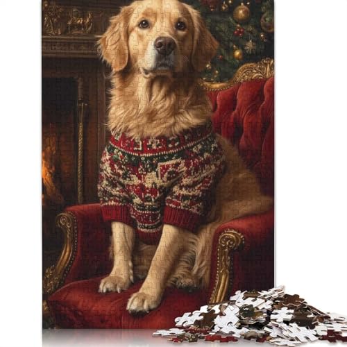 Golden Retriever Weihnachtsporträt, warmes Weihnachts-Hundekunst-Puzzle, Premium-Karton-Puzzle für Erwachsene, 1000 Teile (75 x 50 cm) von QASEYIPV