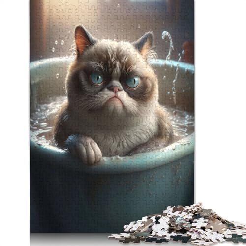 Grumpy Cat Meme Badewanne 1000-teiliges Puzzle für Kinder ab 18 Jahren – Familienaktivitäts-Puzzle, Lernspiele, schwierig und herausfordernd (75 x 50 cm) von QASEYIPV