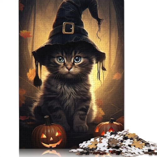 Halloween Puzzle 1000 Teile für Erwachsene, Katze, Halloween-Geschenk, Holzpuzzle für Erwachsene, 1000 Teile (75x50cm) von QASEYIPV