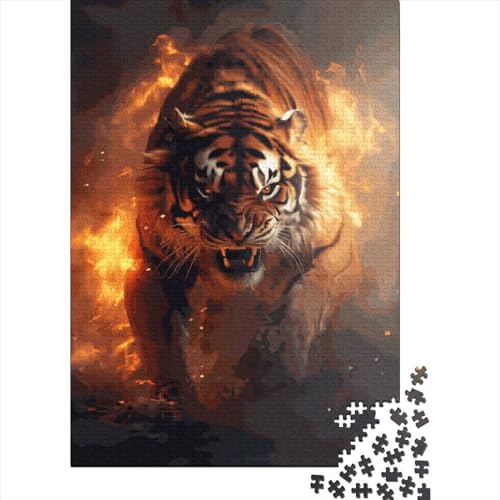 Holzpuzzle mit 1000 Teilen brennender Tiger für Erwachsene (75 x 50 cm) von QASEYIPV