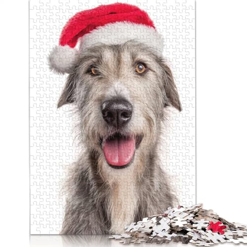 Irischer Wolfshund mit Weihnachtsmannmütze, Porträt-Puzzle, lustige Aktivität für zu Hause, Premium-Karton-Puzzle für Erwachsene, Teenager-Geschenke, 1000 Teile (75 x 50 cm) von QASEYIPV